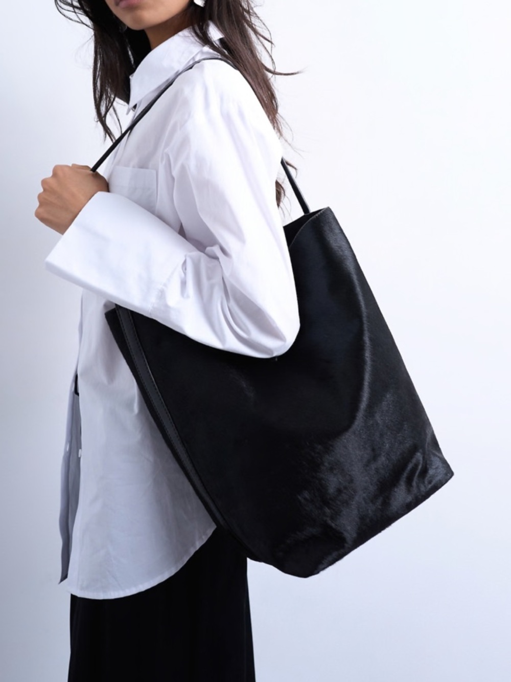 Topshop Luna large hair-on real leather tote in black